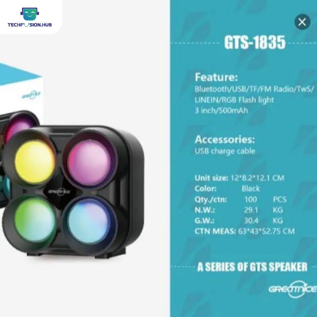 TechFusion.Hub"GTS-1835 5w Sound Bt Speaker Mini Plastic 3 Inch Led Flashlight Usb Wireless Solar Speaker