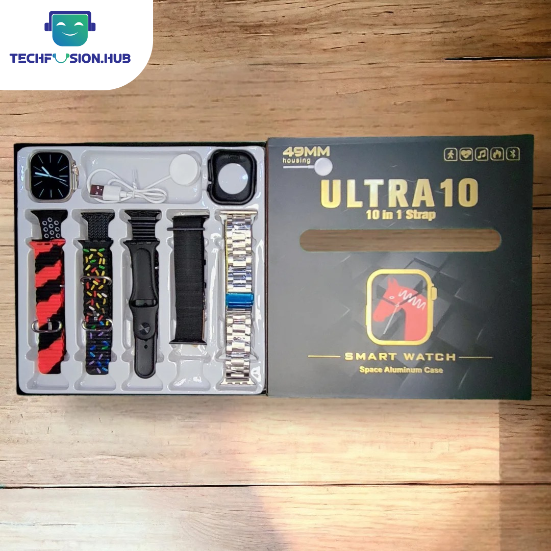 TechFusion.Hub"Ultra 10 Smart Watch with 10 Interchangeable Straps – 2.1" HD Display, Bluetooth Calling, Fitness & Health Tracker