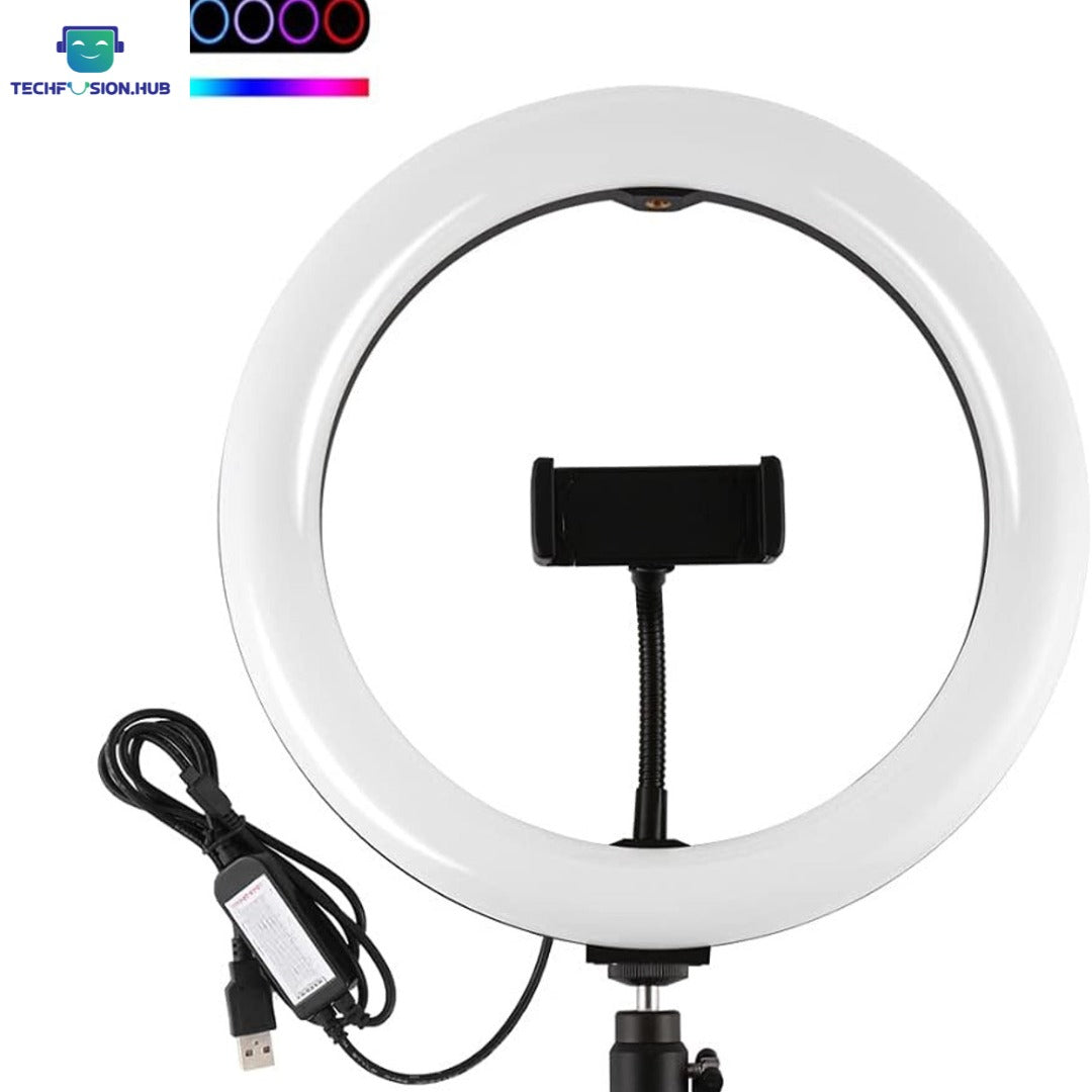 TechFusion.Hub"RGB 26cm Mini Ring Light with 7ft Adjustable Tripod Stand – USB Powered | Multi-Color Modes for Photography, Video & Makeup
